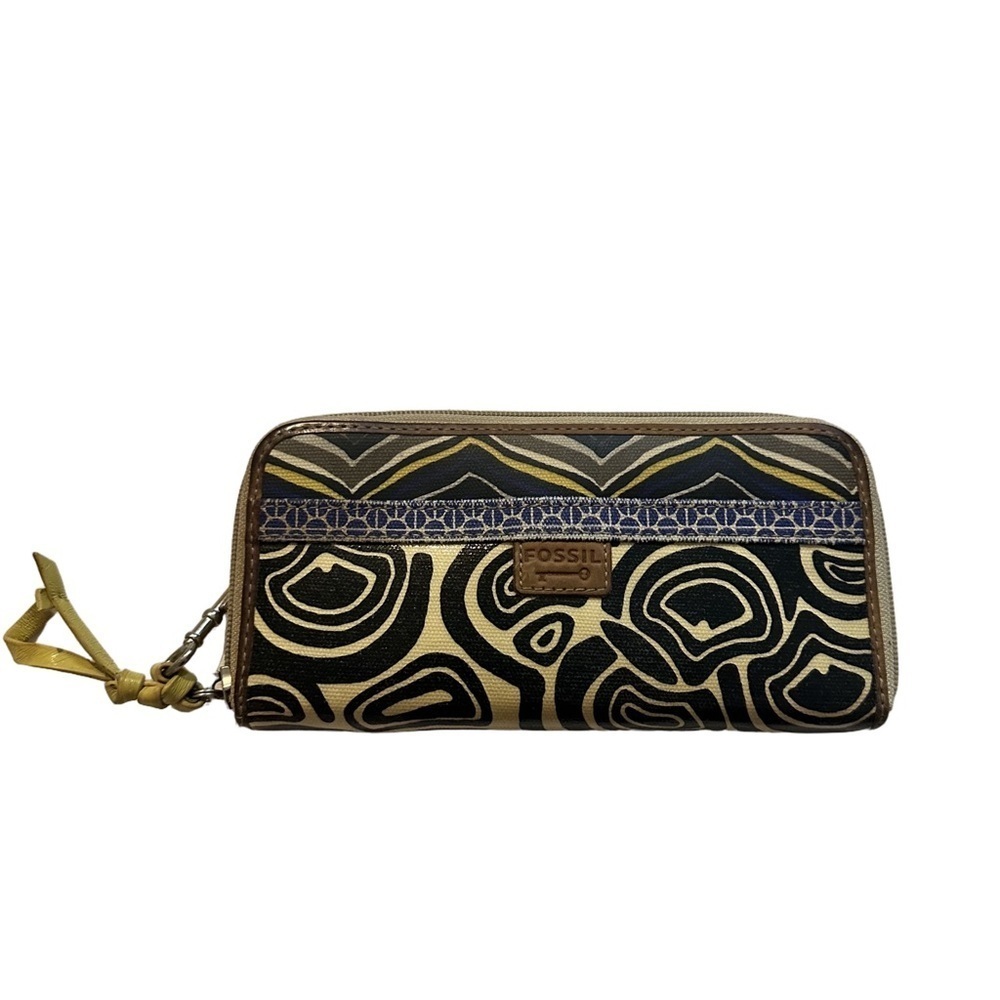 Fossil KEY-PER Wristlet Coated Wallet Clutch Zipper Organizer Yellow Blue 3792